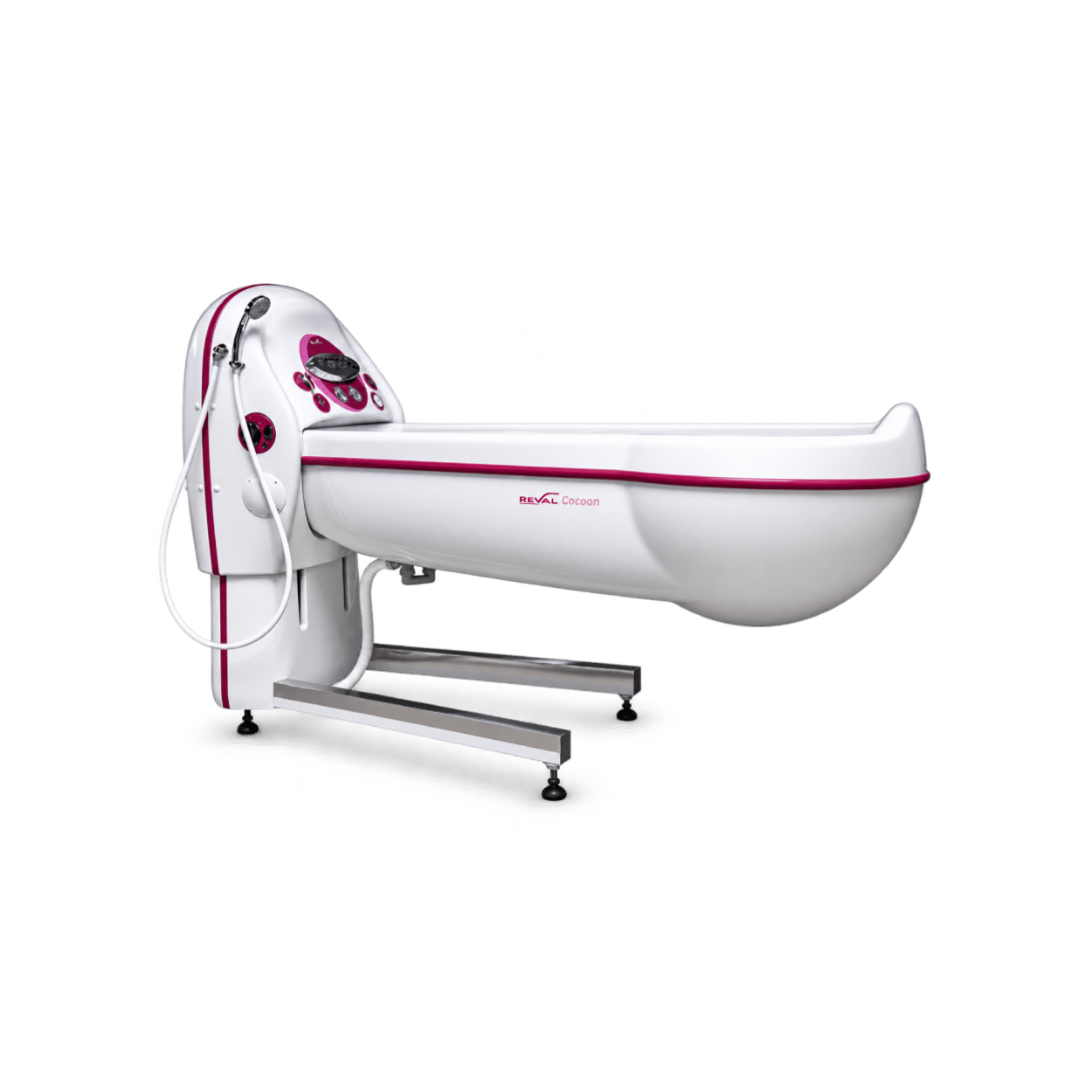 Reval Cocoon Keyhole specialist assisted bath with digital control panel, pink trim, handheld shower and elevated bathtub design