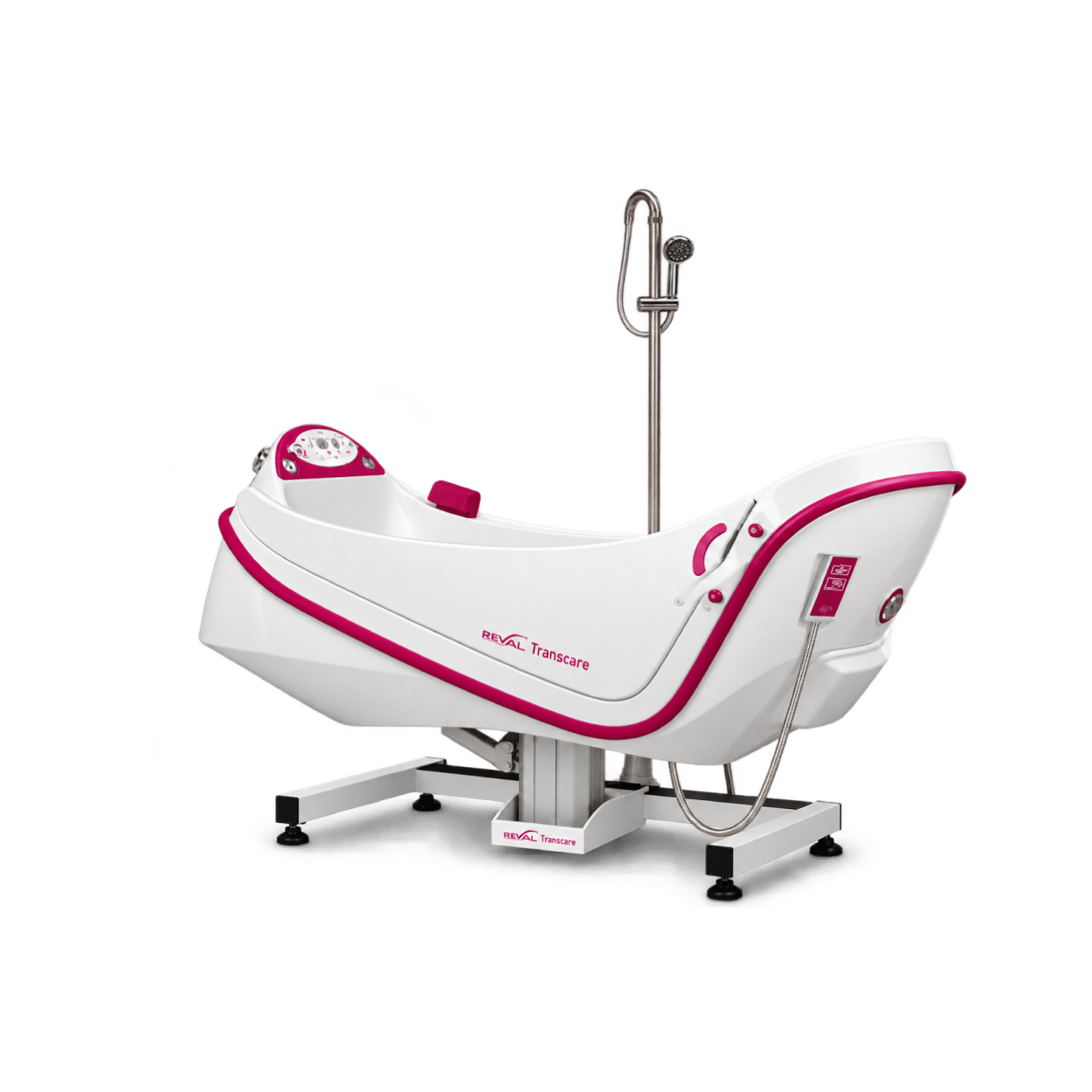 Reval Transcare specialist assisted bath with reclining design, height-adjustable base, digital controls and handheld shower