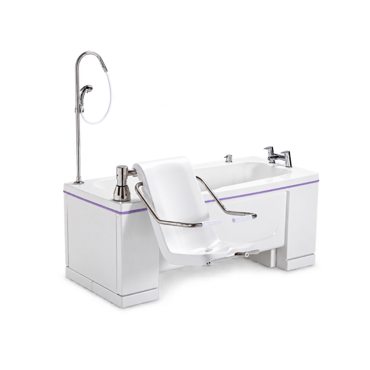 Talano specialist assisted bath with integrated transfer seat, supportive armrests, purple trim and overhead shower