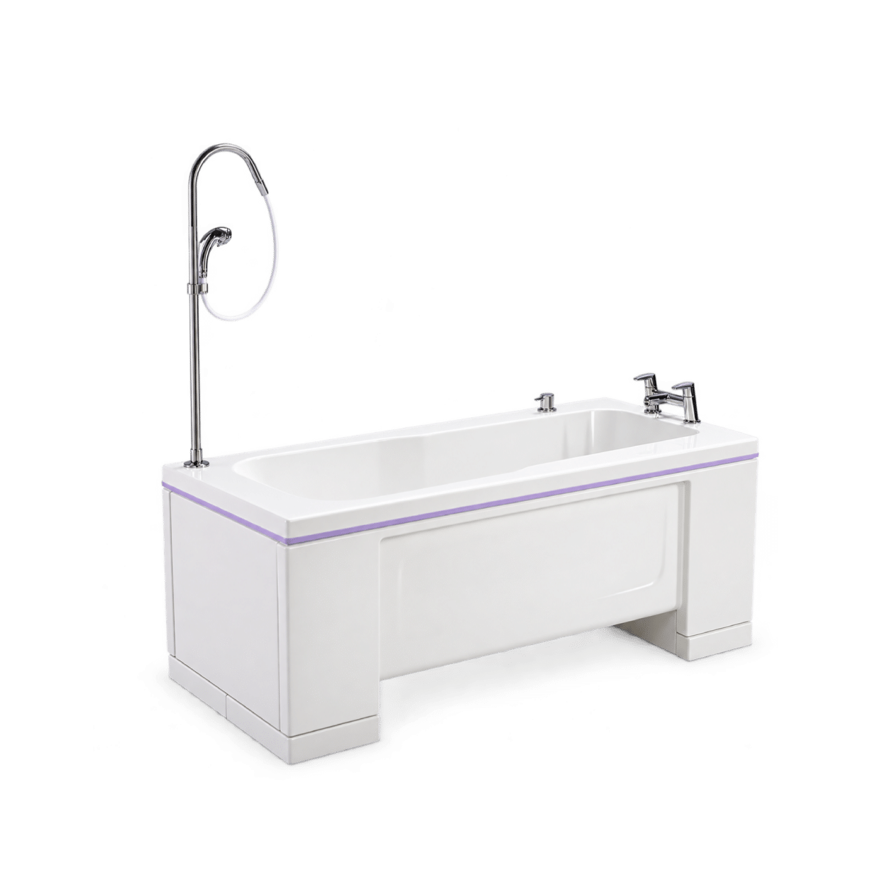 Torin specialist assisted bath with white rectangular bathtub, purple trim, bath-mounted controls and overhead shower