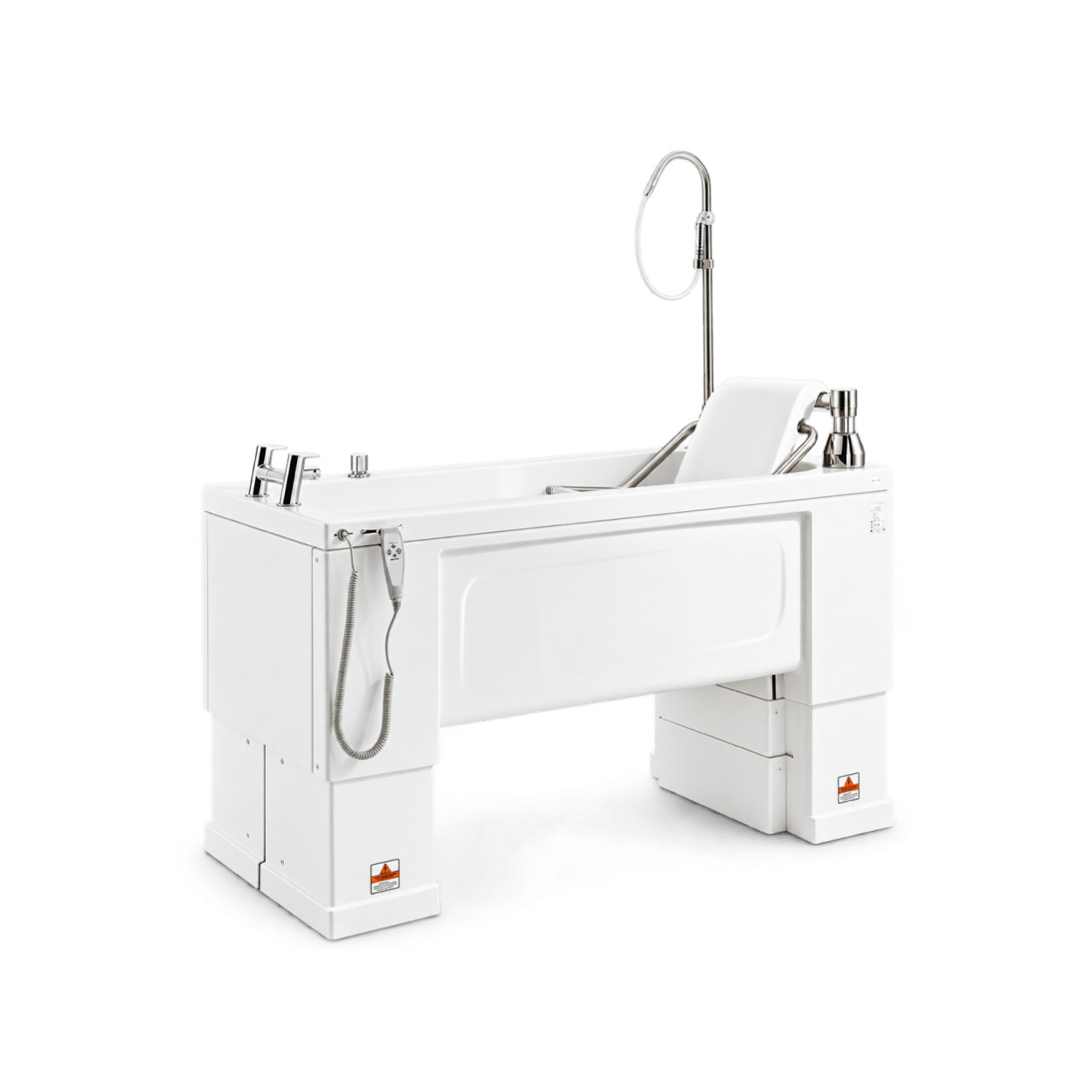 Variable height specialist assisted bath with integrated reclining seat, handheld controls and overhead shower