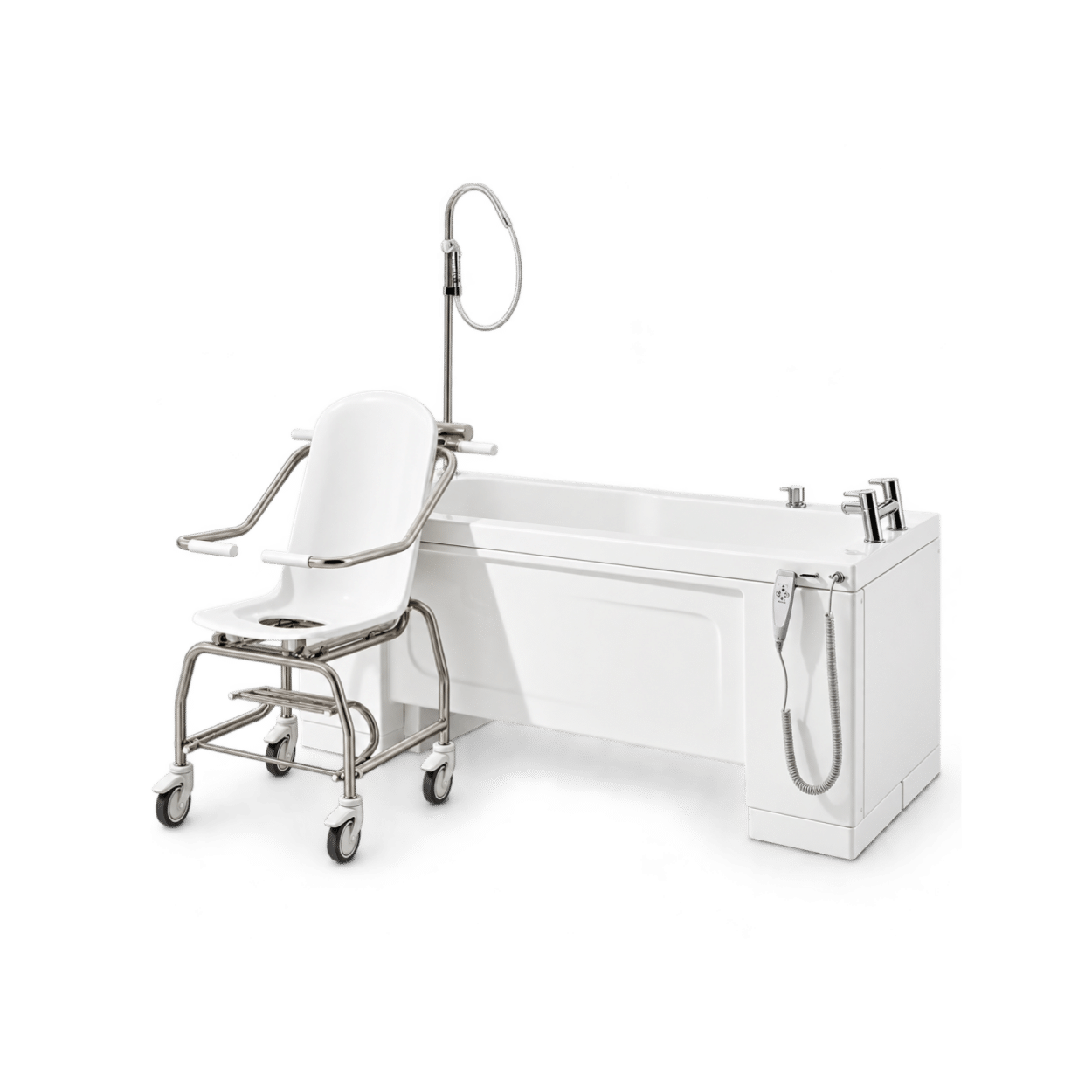 Variable height specialist assisted bath with detachable wheeled transfer seat, supportive armrests and overhead shower